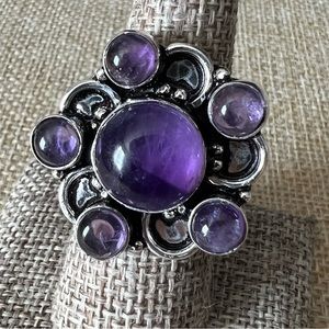 New Amethyst Crystal Multi Stone Sterling Silver Overlay Ring Size 7.5 - 7.75